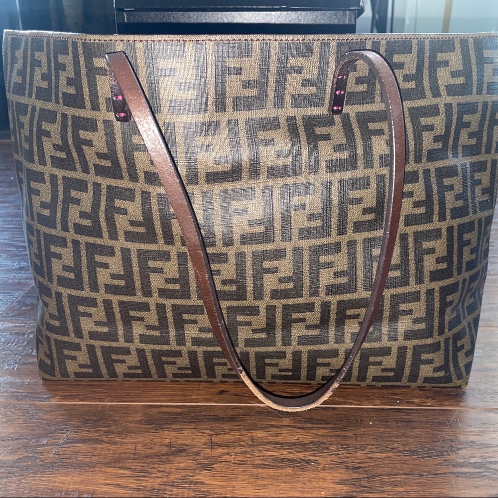 FENDI Medium Canvas Zucca Spalmati Tobacco Fuschia Shoulder Tote Bag